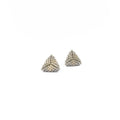 Gray beaded triangle stud earrings with metallic center detail, gray beads, front view.