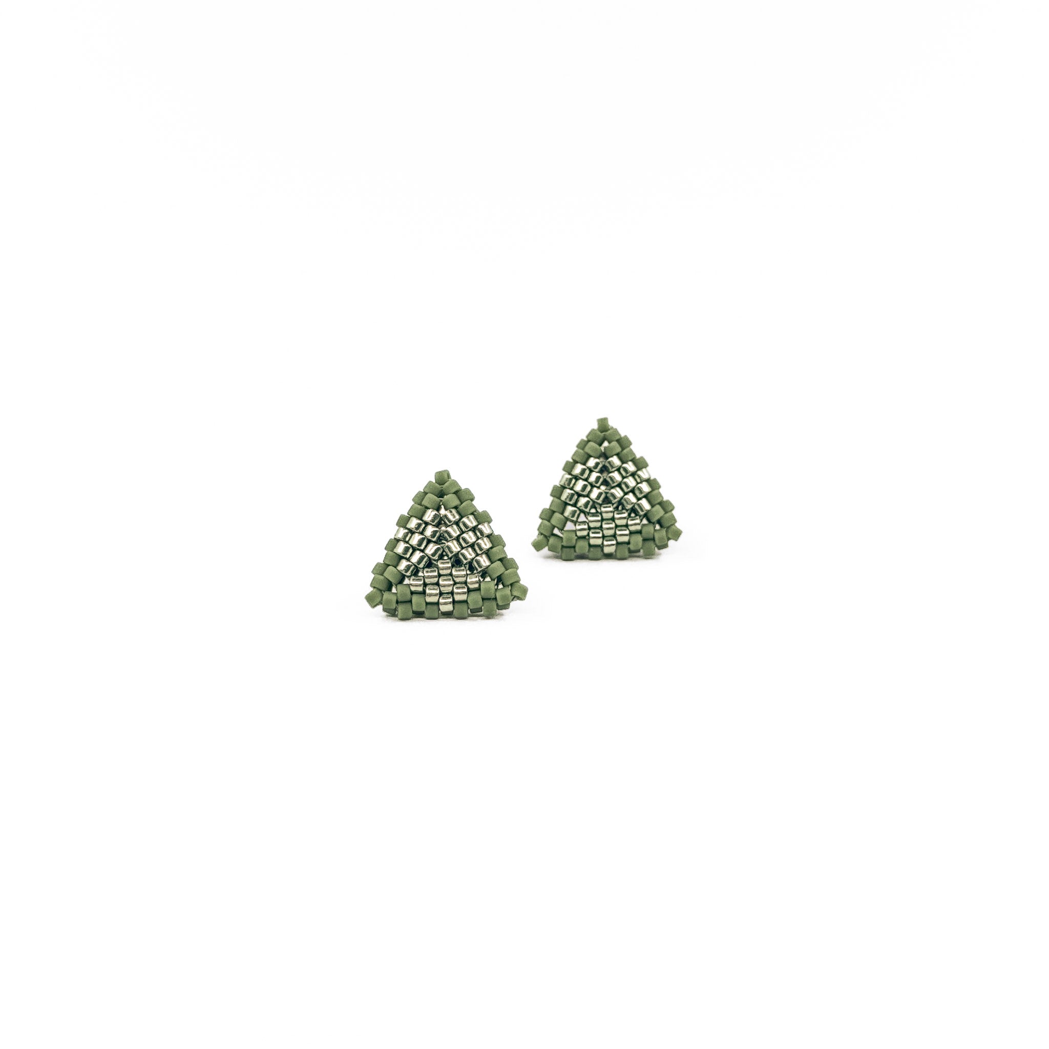 Green beaded triangle stud earrings with metallic center detail, moss green beads, front view.