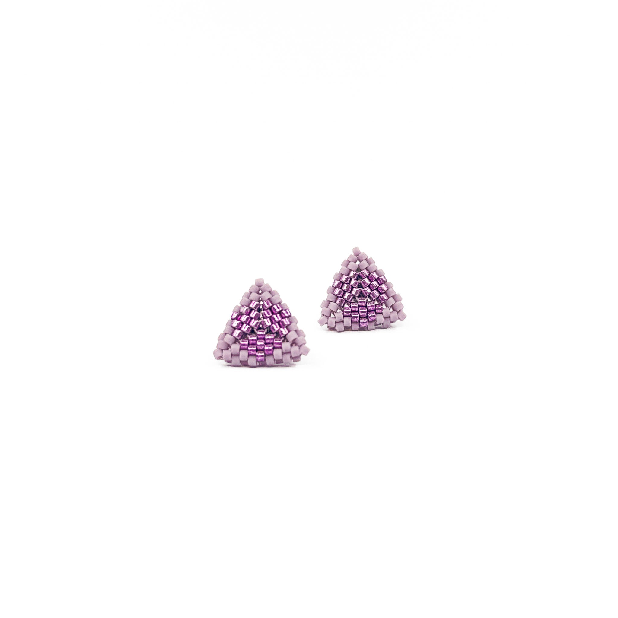 Purple beaded triangle stud earrings with metallic center detail, dusty purple beads, front view.