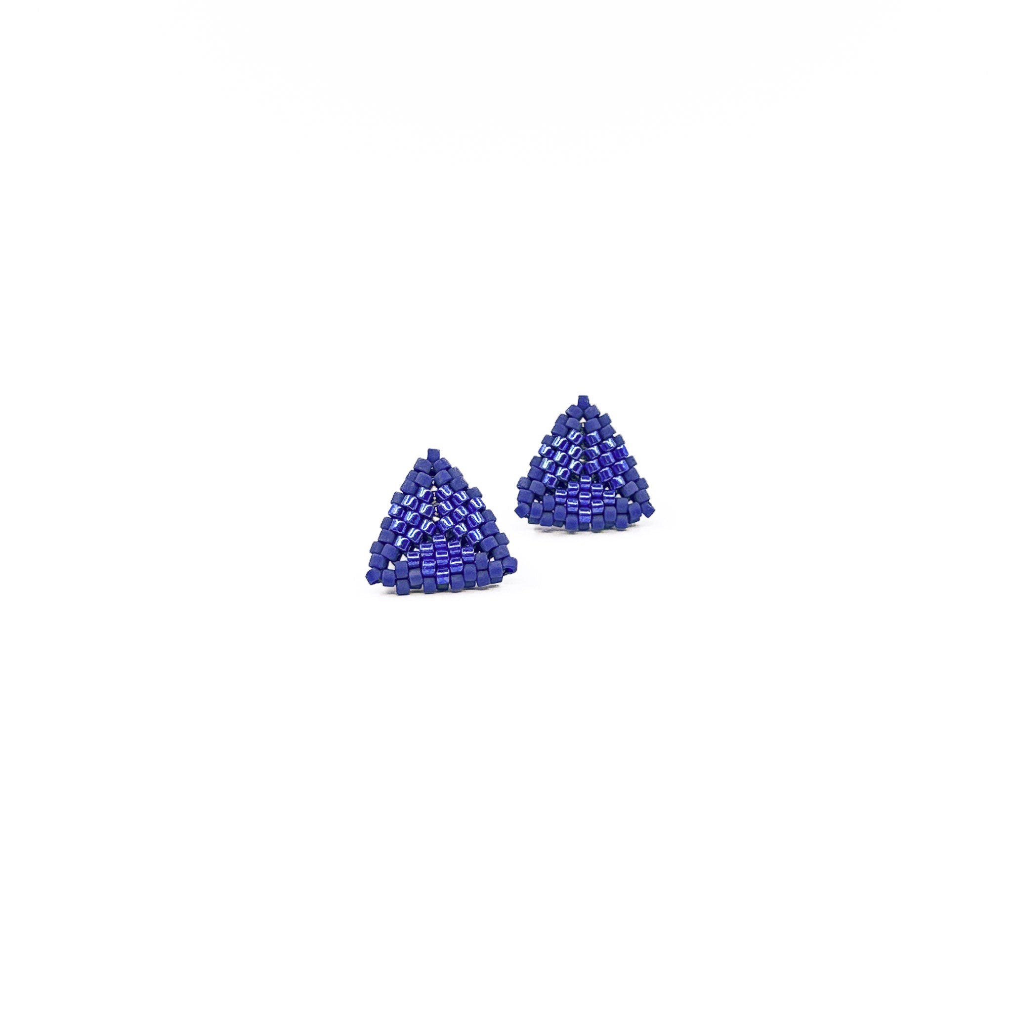 Blue beaded triangle stud earrings with metallic center detail, royal blue beads, front view.