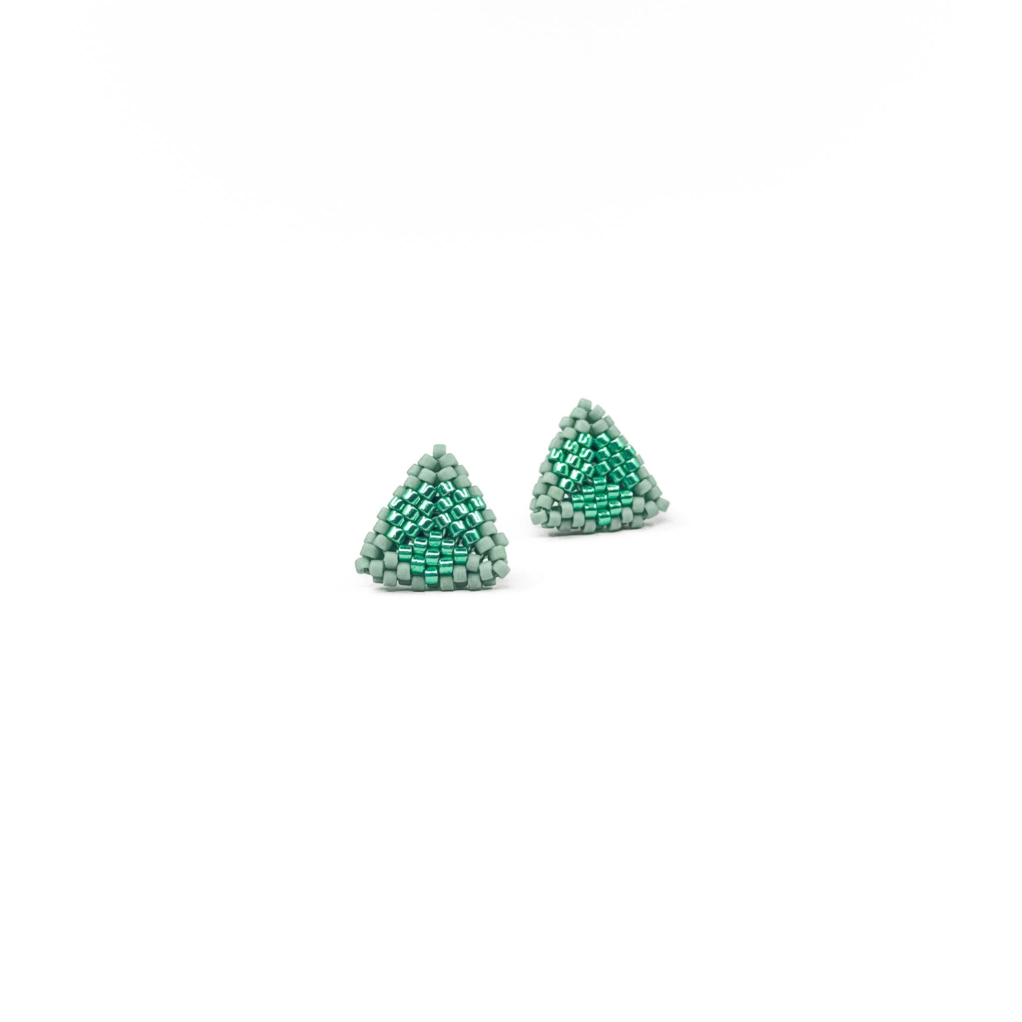 Green beaded triangle stud earrings with metallic center detail, sage and emerald green beads, front view.