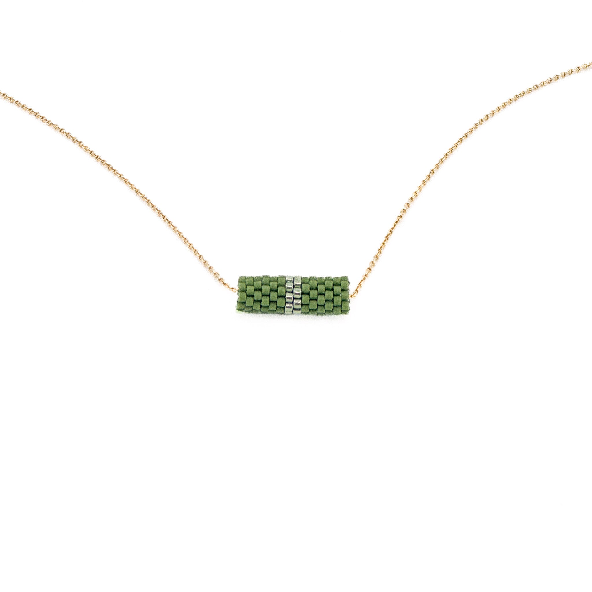 Green beaded tube pendant necklace with gold chain and metallic center detail, moss green beads, front view.
