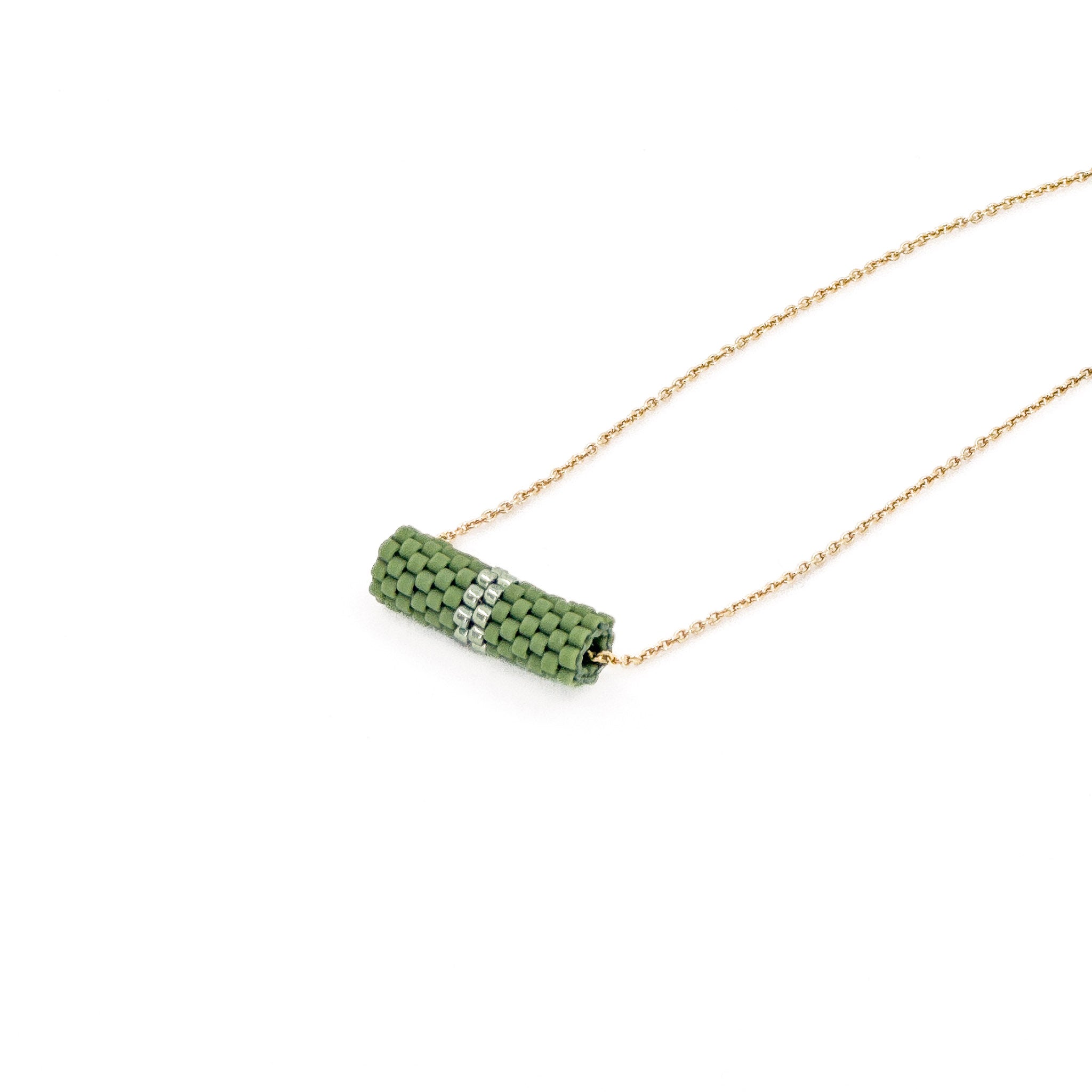 Green beaded tube pendant necklace with gold chain and metallic center detail, moss green beads, side view.